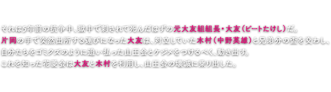 それは5年前の抗争中、獄中で刺されて死んだはずの元大友組組長・大友（ビートたけし）だ。片岡の手で突然出所する運びになった大友は、対立していた木村（中野英雄）と兄弟分の盃を交わし、自分たちをゴミクズのように追い払った山王会とケジメをつけるべく、動き出す。これを知った花菱会は大友と木村を利用し、山王会の壊滅に乗り出した。